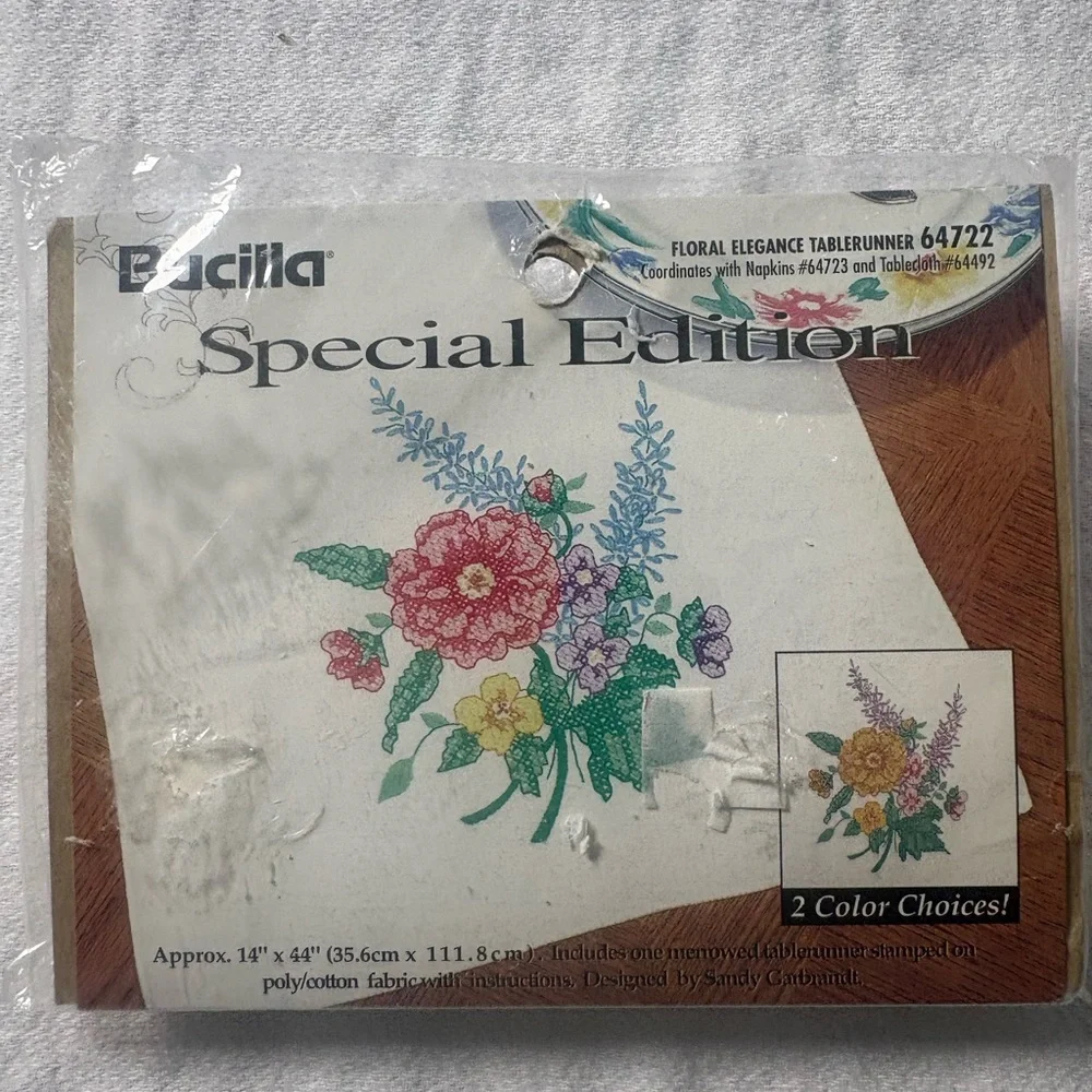 Vintage Bucilla Special Edition stamped needlework table runner kits.